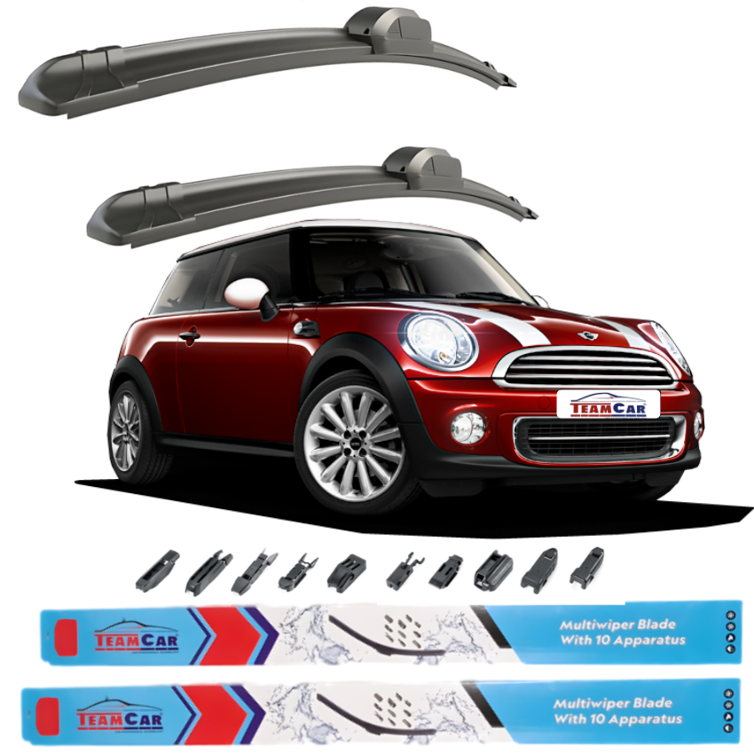 Car wiper blades with a red Mini Cooper R56 (2006–2014) model and Team Car branding on a white background