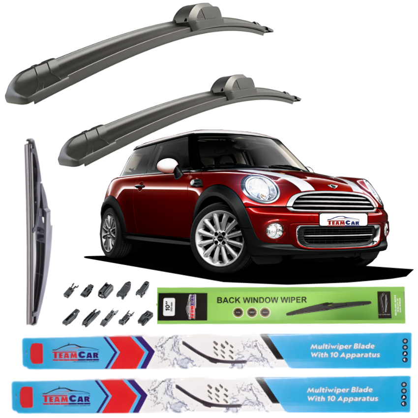 Car wiper blades with a red Mini Cooper R56 (2006–2014) illustration and Team Car branding on a white background