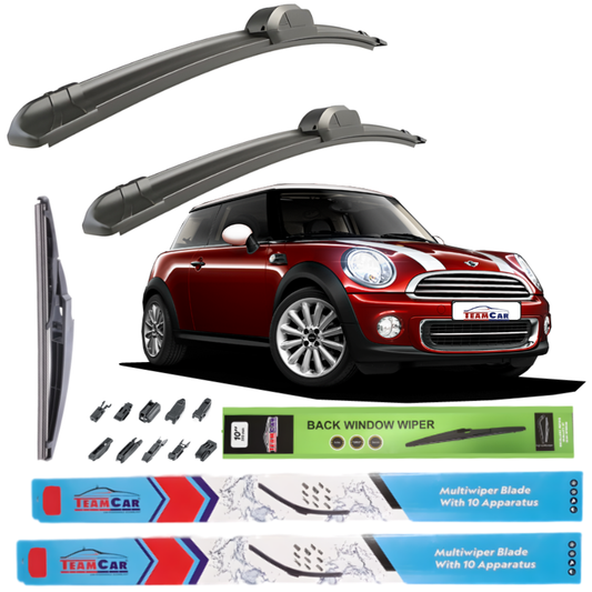 Car wiper blades with a red Mini Cooper R56 (2006–2014) illustration and Team Car branding on a white background