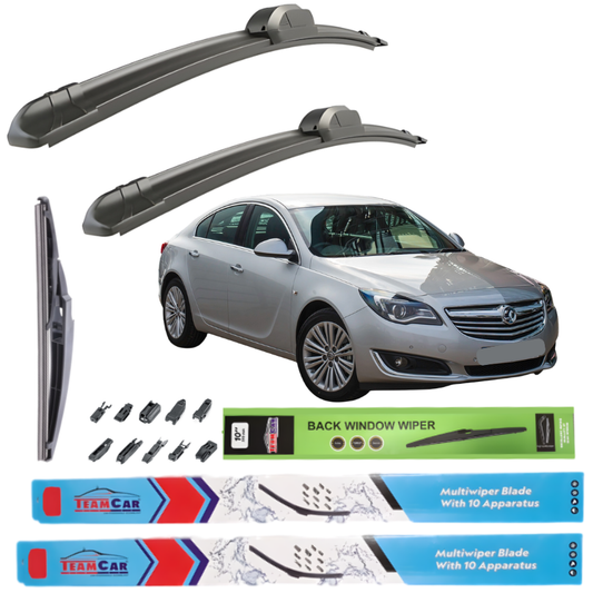 Car wiper blades with Opel Insignia A (2008–2017) and packaging on a white background
