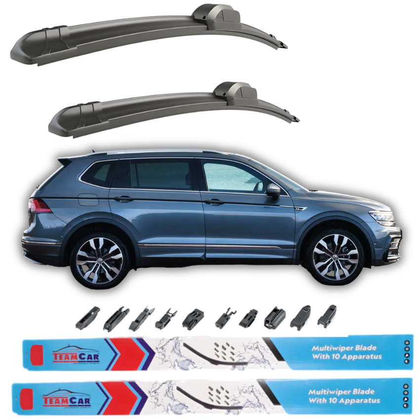 Car wiper blades with a blue Volkswagen Tiguan II (2016–2024) SUV and additional wiper parts on a white background.