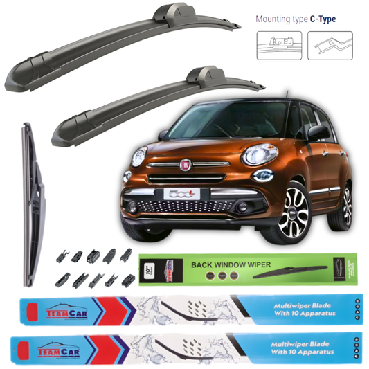Car wiper blades with a Fiat 500L and packaging on a white background