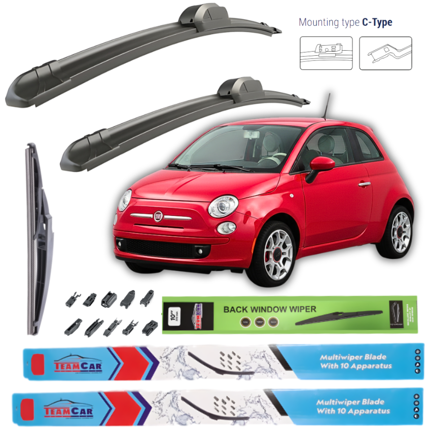 Car wiper blades with a red Fiat 500 (2007-2016) and packaging on a white background