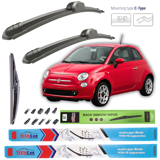 Car wiper blades with a red Fiat 500 (2007-2016) and packaging on a white background