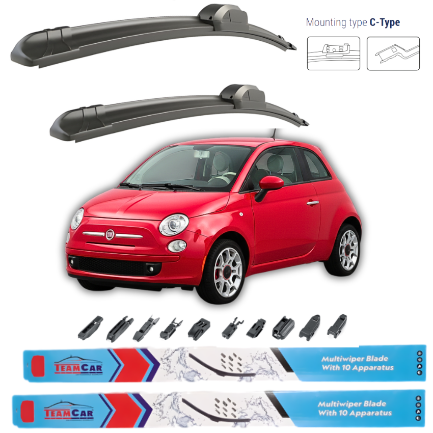 Car wiper blades with a red Fiat 500 2007-2016 and mounting type C-Type illustration on a white background.