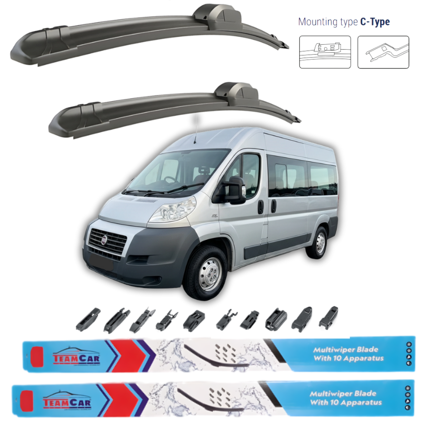 Two car wiper blades with a van and additional wiper parts on a white background.