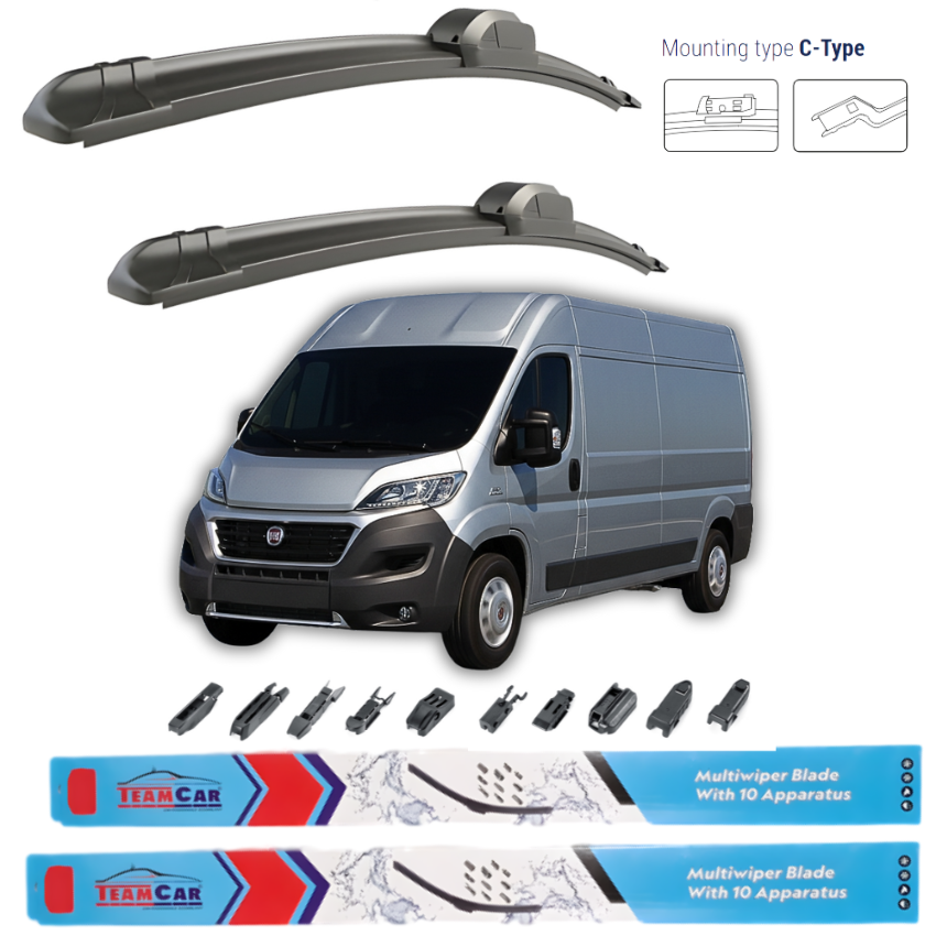 Two wiper blades above a van with wiper blade mounting hardware below, featuring Team Car branding.