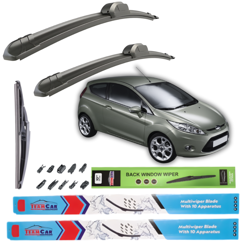 Car wiper blades with a small Ford Fiesta VI Hatchback 3 uși (2008–2012) and branding logos on a white background