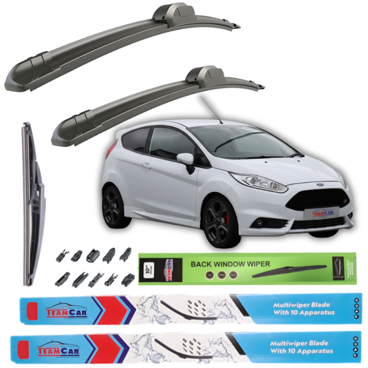Car wiper blades with packaging and a white Ford Fiesta VI Hatchback 3 uși (2013–2017) on a white background