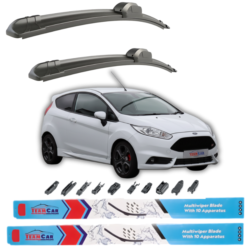 Car wiper blades displayed above a white Ford Fiesta VI Hatchback 3 uși (2013–2017) with Team Car branding.