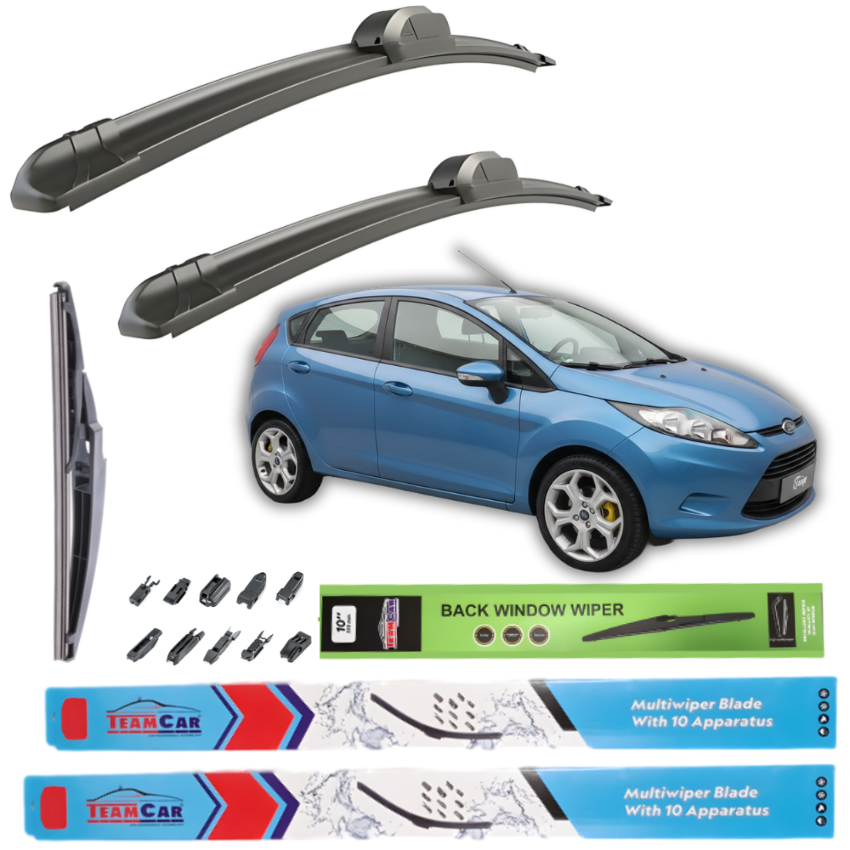 Car wiper blades with a blue Ford Fiesta VI Hatchback 5 uși (2008–2012) and packaging on a white background