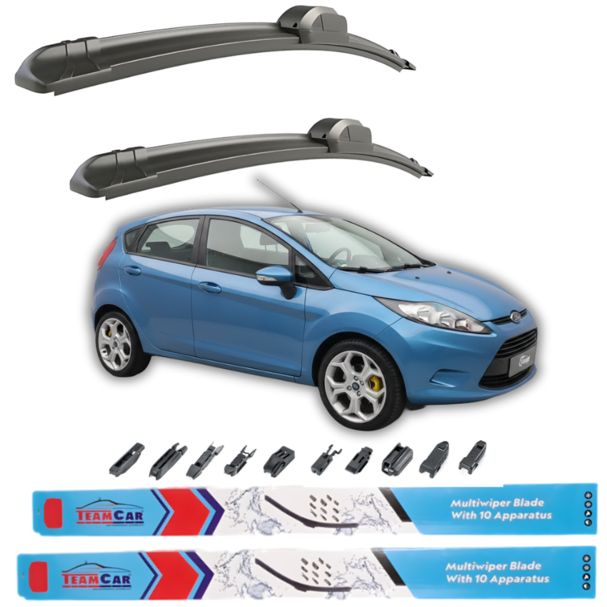 Car wiper blades with a blue Ford Fiesta VI Hatchback 5 uși (2008–2012) and Team Car branding on a white background