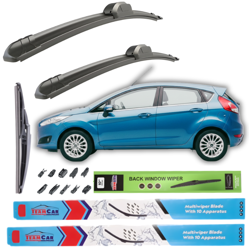Car wiper blades with a blue Ford Fiesta VI Hatchback 5 uși (2013–2017) and packaging on a white background