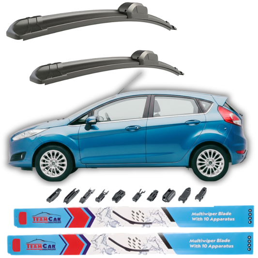 Two car wiper blades above a blue Ford Fiesta VI Hatchback 5 uși (2013–2017)with wiper blade packaging below.