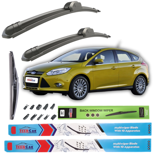 Car wiper blades with a yellow Ford Focus III Hatchback (2011–2014) and packaging on a white background