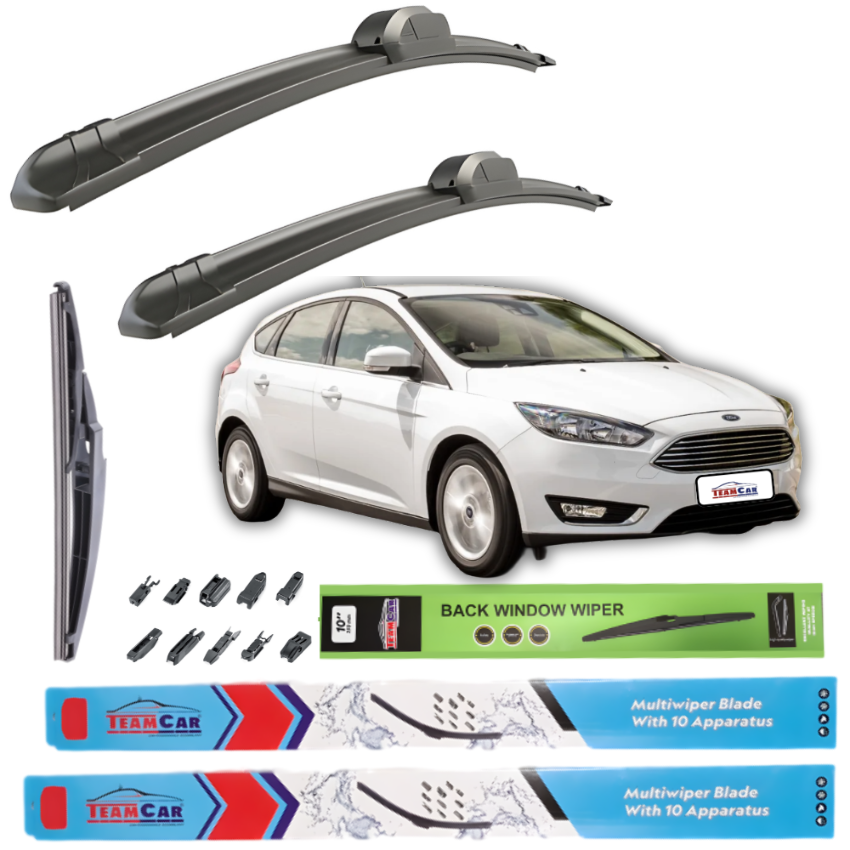 Car wiper blades with packaging and a white Ford Focus III Hatchback (2015–2018) on a white background