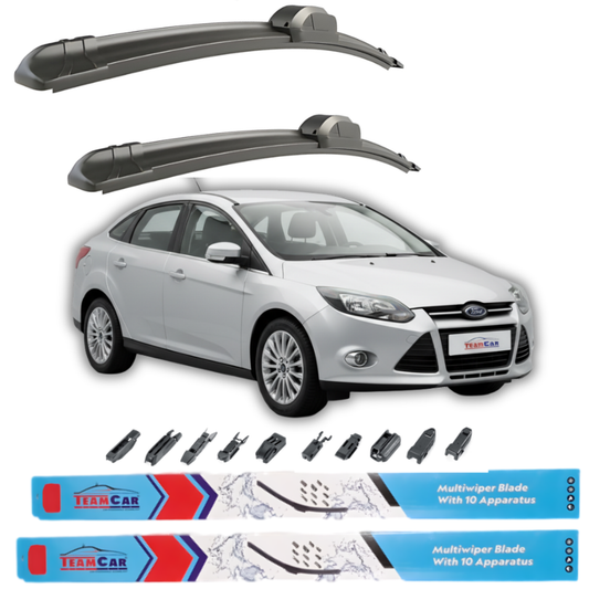 Car wiper blades with a Ford Focus III Sedan (2011–2014) model and Team Car branding on a white background