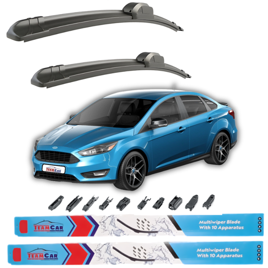 Two car wiper blades above a blue Ford Focus III Sedan (2015–2018) with wiper blade attachments displayed below on a white background.