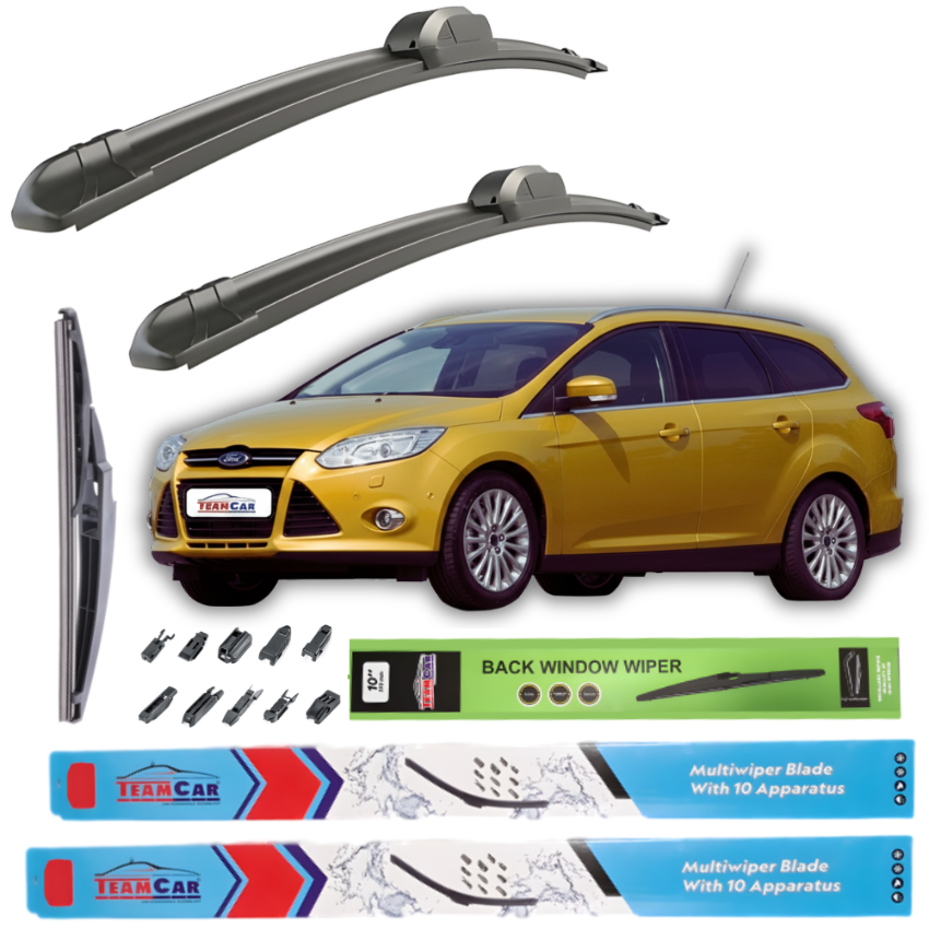 Car wiper blades with a yellow Ford Focus III Turnier (2011–2014) and Team Car branding on a white background