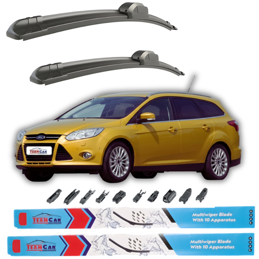 Two car wiper blades above a yellow Ford Focus III Turnier (2011–2014) with TeamCar branding on a white background.