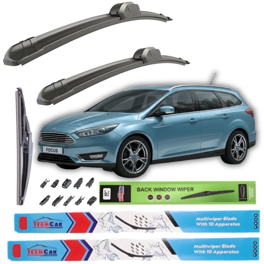 Car wiper blades with a blue Ford Focus III Turnier (2015–2018) and packaging on a white background