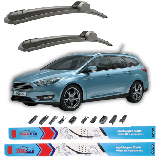 Car wiper blades with a blue Ford Focus III Turnier (2015–2018) car on a white background