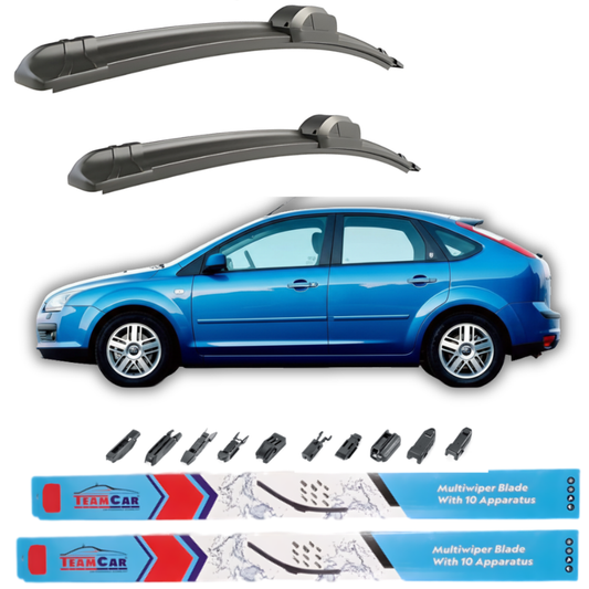 Two car wiper blades above a blue Ford Focus II 2004–2008 5 usi with wiper blade accessories displayed below on a white background.