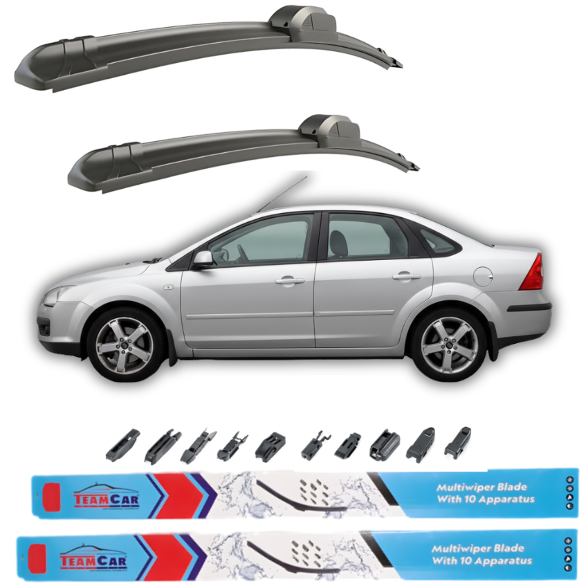Car wiper blades with a Ford Focus II 2004–2008 Sedan and additional wiper parts on a white background