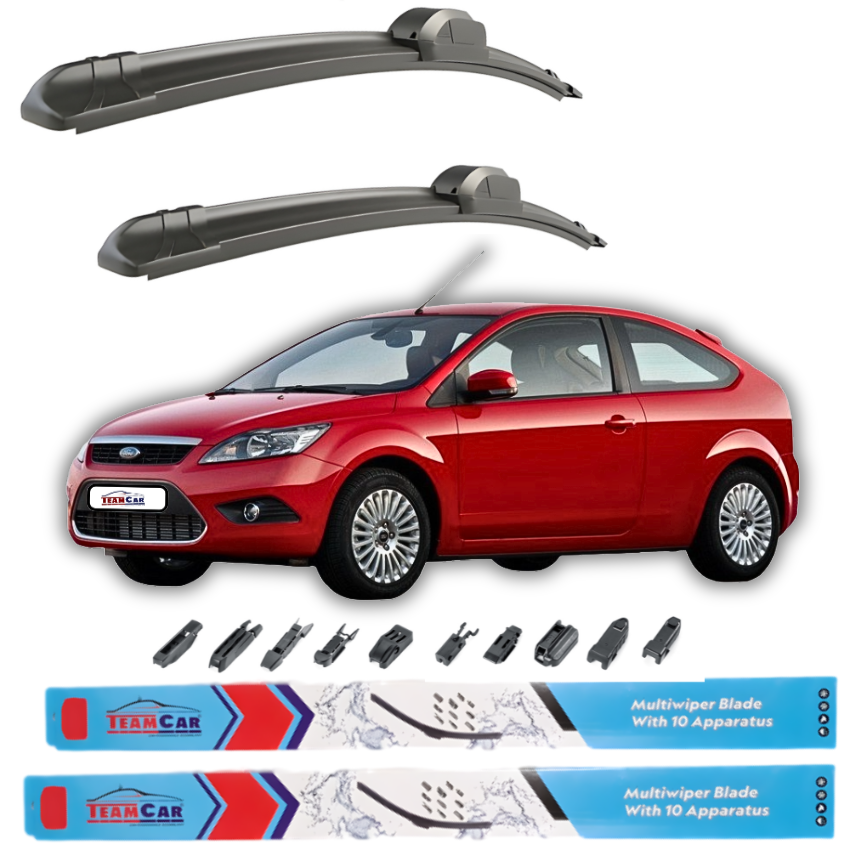 Two car wiper blades above a red Ford Focus II Hatchback 3 usi 2008–2011 with wiper blade attachments displayed below on a white background.