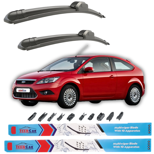 Two car wiper blades above a red Ford Focus II Hatchback 3 usi 2008–2011 with wiper blade attachments displayed below on a white background.