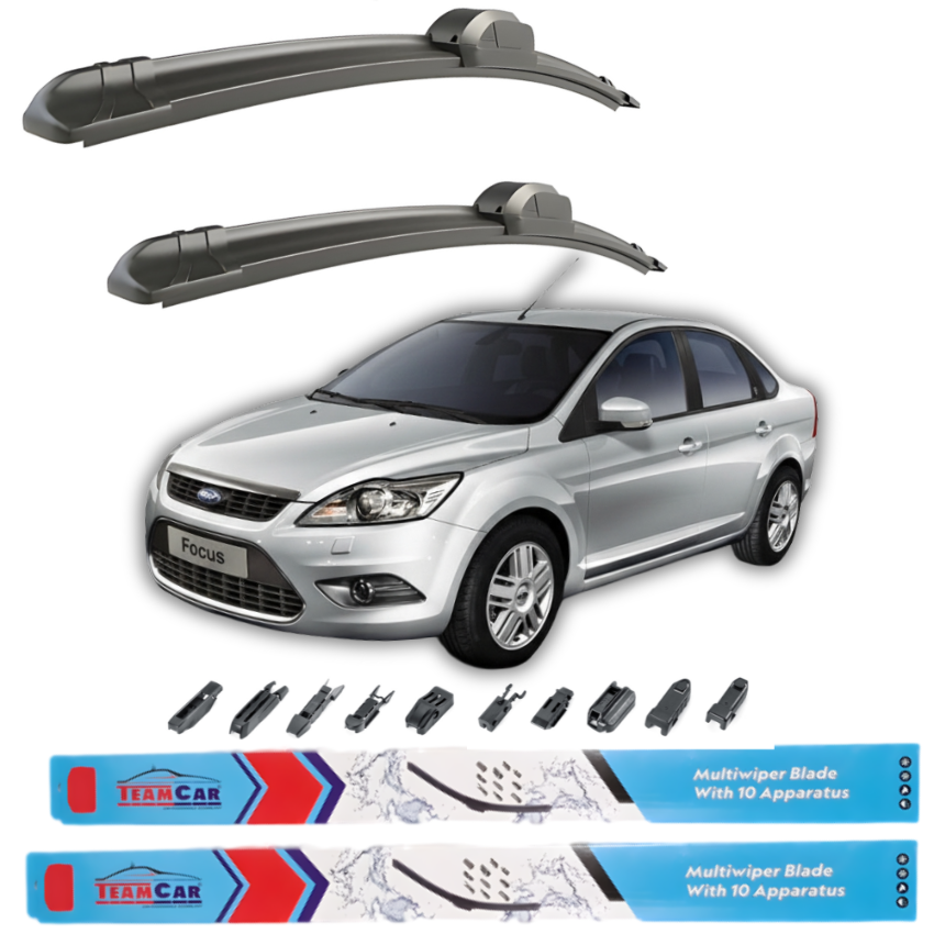 Car wiper blades with a silver Ford Focus II Sedan 2008–2011 and Team Car branding on a white background