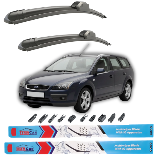 Two car wiper blades above a Ford Focus II 2004–2008 with wiper blade attachments displayed below, featuring Team Car branding.