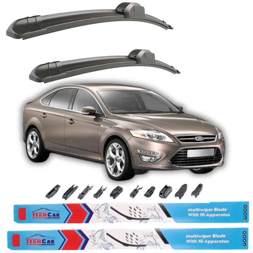 Ford Mondeo IV / Mk4 Sedan (2007–2014) with wiper blades and additional wiper parts on a white background