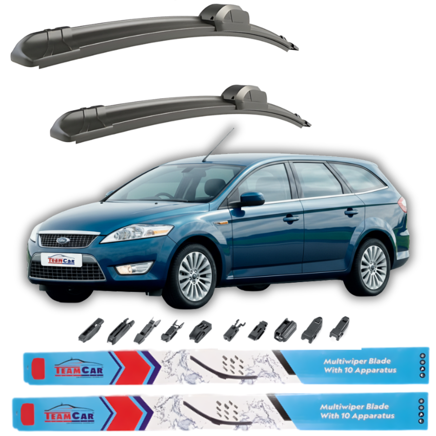Car wiper blades with a blue Ford Mondeo IV / Mk4 Turnier (2007–2014) and Team Car branding on a white background