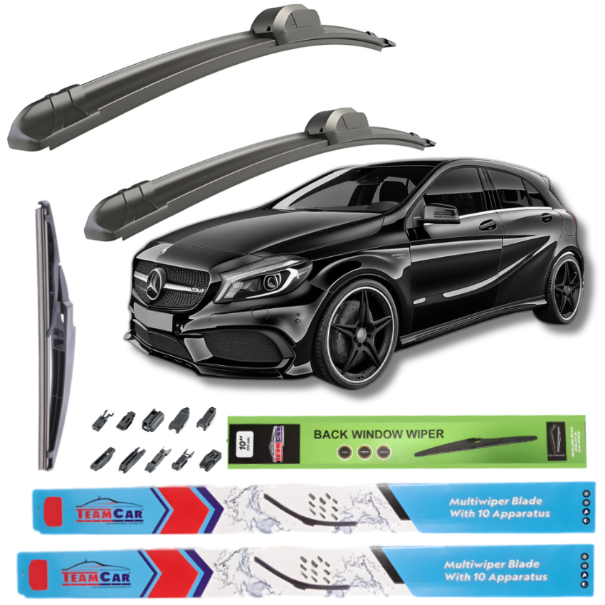 Car wiper blades with a black Mercedes A-Class W176 (2012–2018)illustration and packaging on a white background