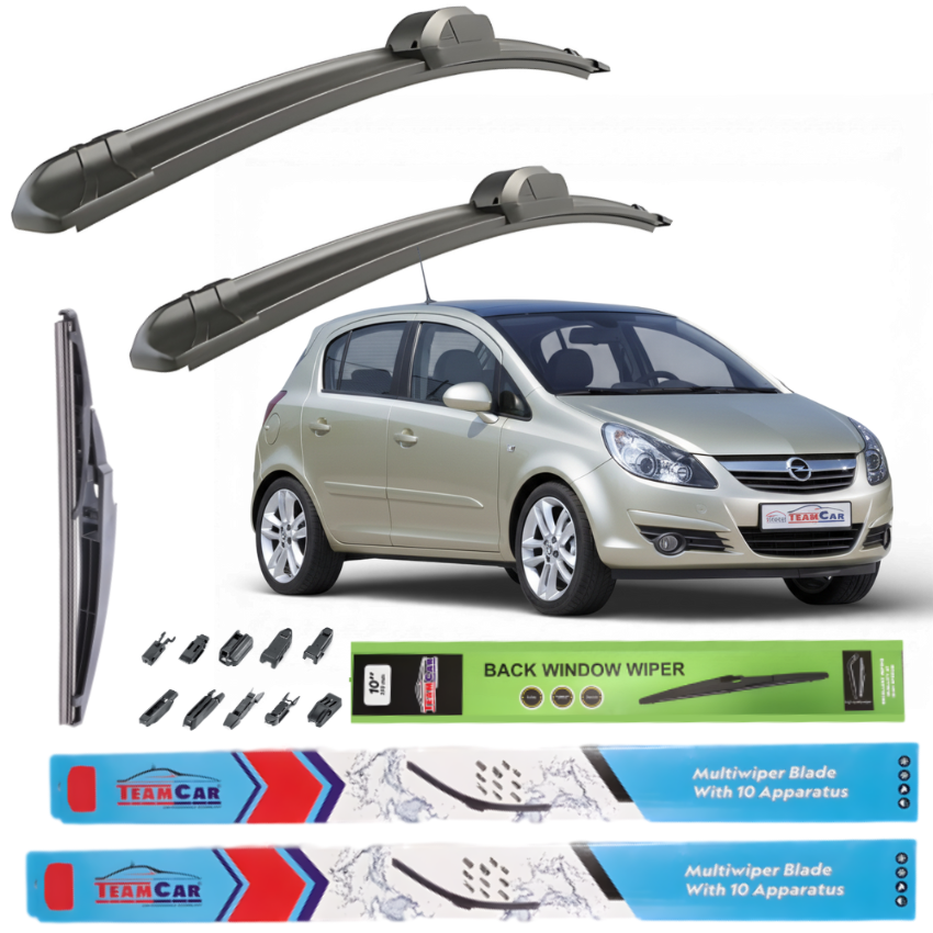 Car wiper blades with a Opel Corsa D and packaging on a white background