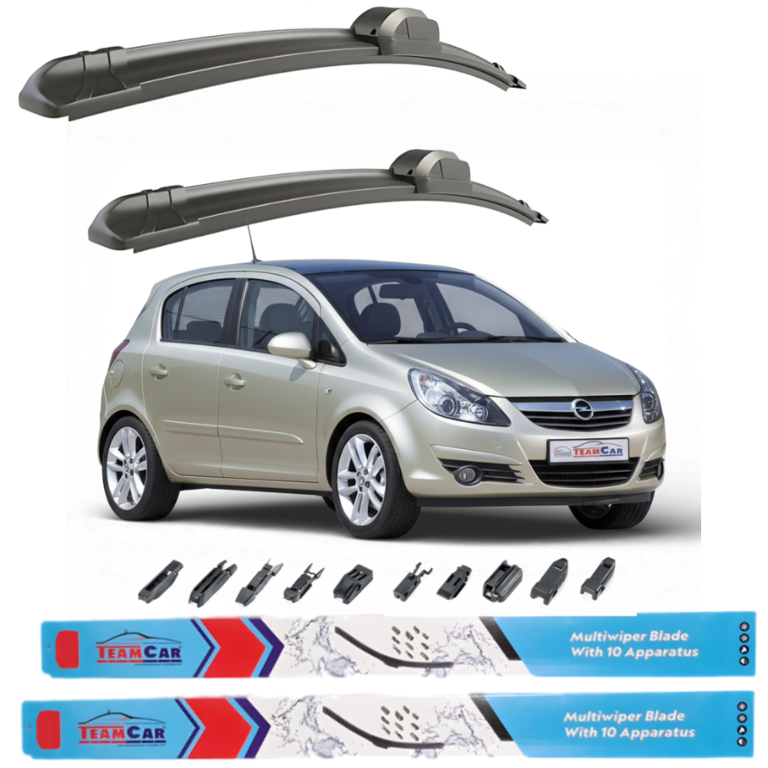 Car wiper blades displayed above a Opel Corsa D with TeamCar branding.