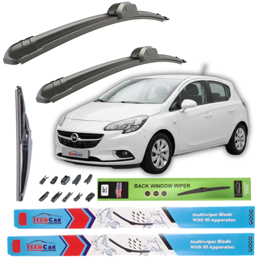 Car wiper blades with a white Opel Corsa E 5 doors (2014–2019) and branding logos on a white background