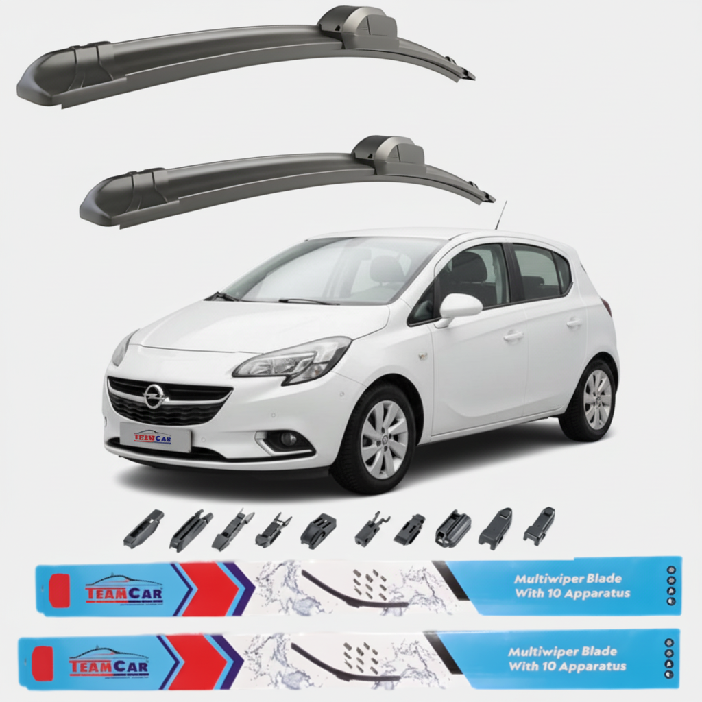 Car wiper blades with a white Opel Corsa E 5 doors (2014–2019) and Team Car branding on a white background