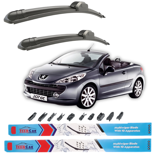 Car wiper blades with a Peugeot 207 CC and Team Car branding on a white background