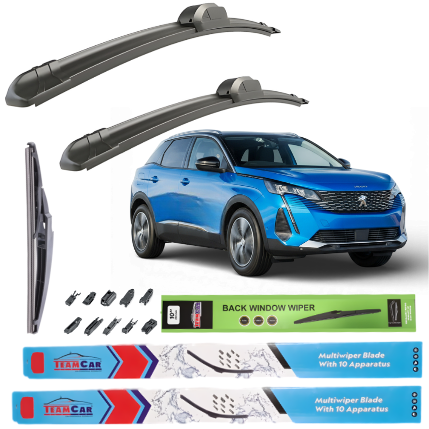Car wiper blades with a blue Peugeot 3008 II FL 2020–2023 and packaging on a white background