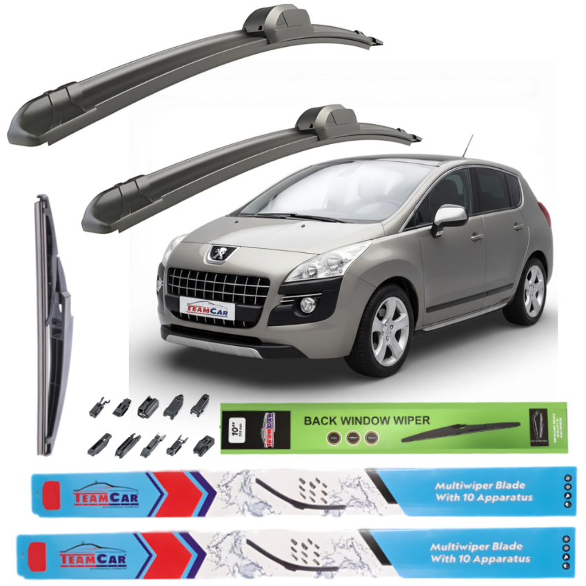 Car wiper blades with a Peugeot 3008 car on a white background