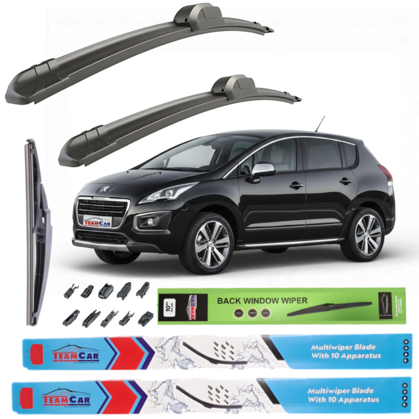 Car wiper blades with a black Peugeot 3008 I FL 2013–2016 and Team Car branding on a white background