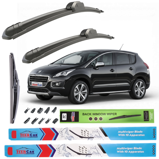 Car wiper blades with a black Peugeot 3008 I FL 2013–2016 and Team Car branding on a white background