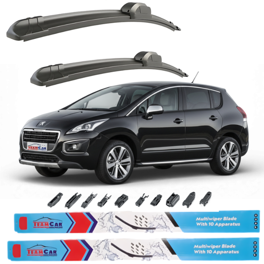 Car wiper blades with a black Peugeot 3008 I FL 2013–2016 and Team Car branding on a white background