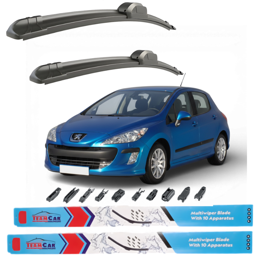 Two car wiper blades above a blue Peugeot 308 I Hatchback (2007–2011) with wiper blade attachments displayed below on a white background.