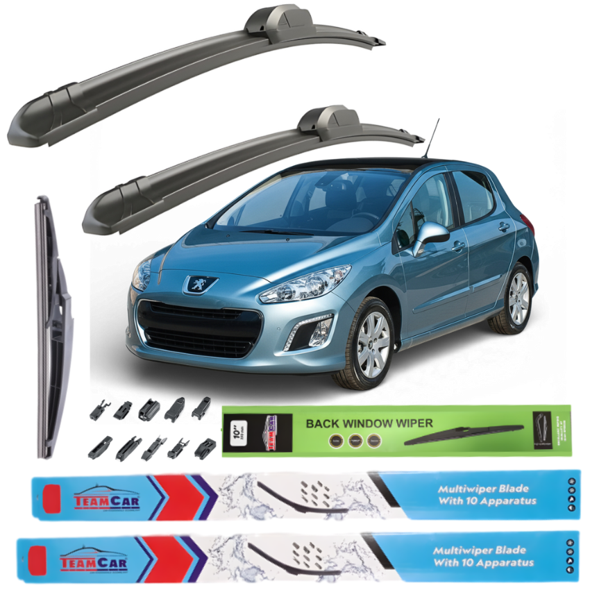 Car wiper blades with a blue Peugeot 308 I Hatchback FL (2011–2013) and Team Car branding on a white background