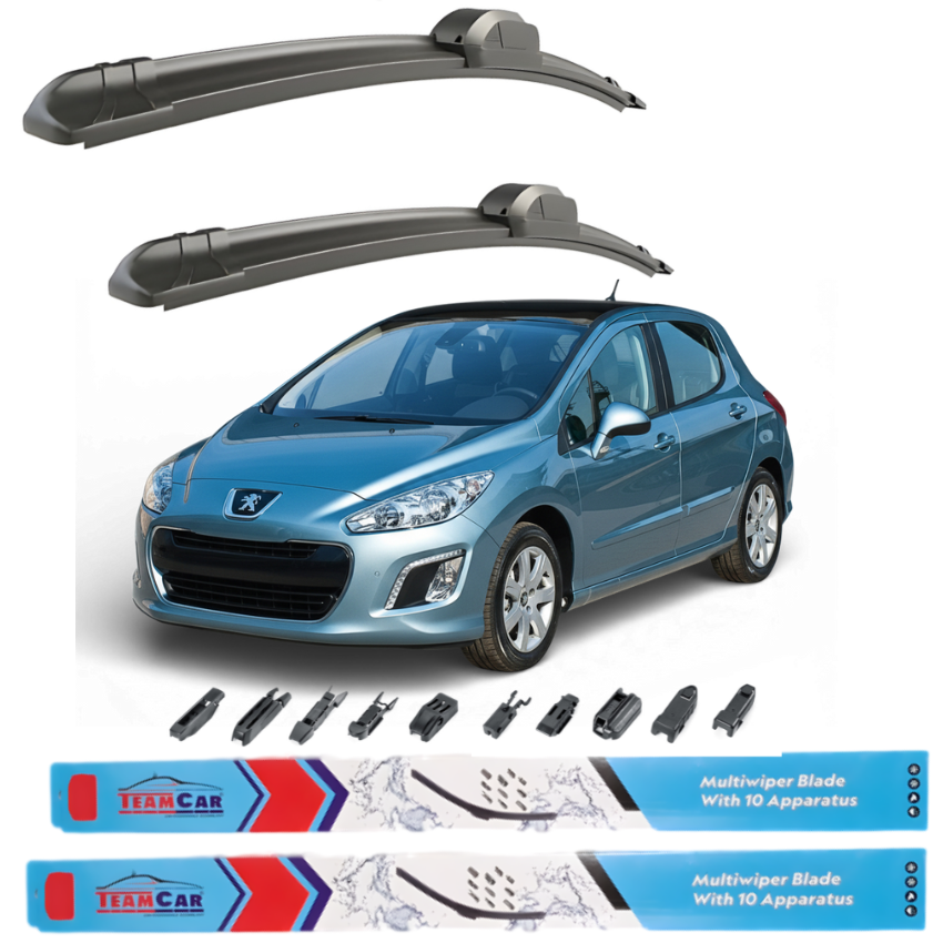 Two car wiper blades above a blue Peugeot 308 I Hatchback FL (2011–2013) with wiper blade attachments displayed below.