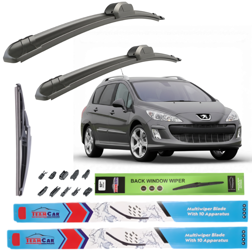 Car wiper blades with a Peugeot 308 I SW (2007–2011) and packaging on a white background