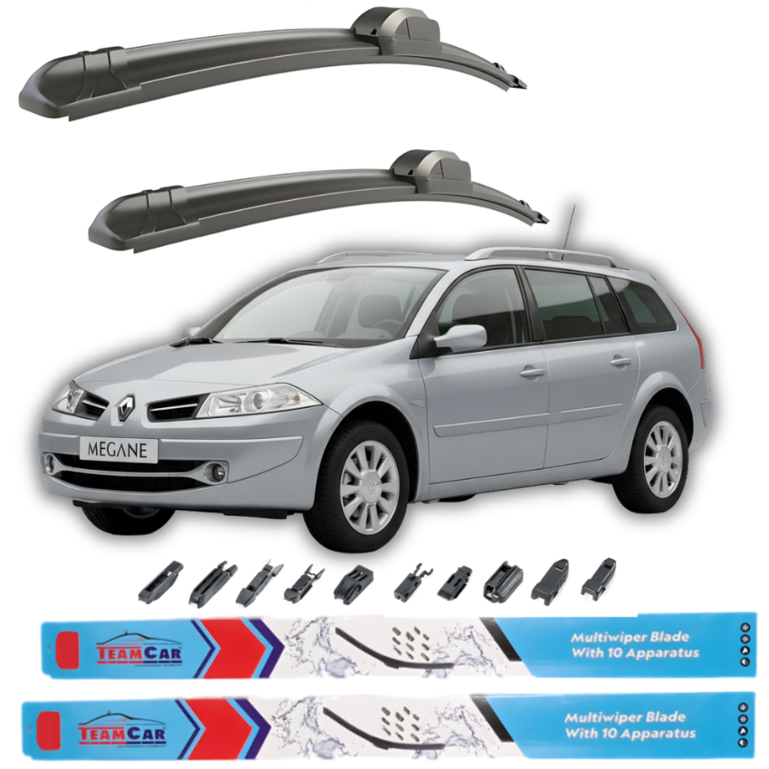 Car wiper blades with a Renault Megane car on a white background